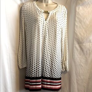 Anne Klein Geometric Blouse in Red, Black, and White. Gold Collar Embellishment.
